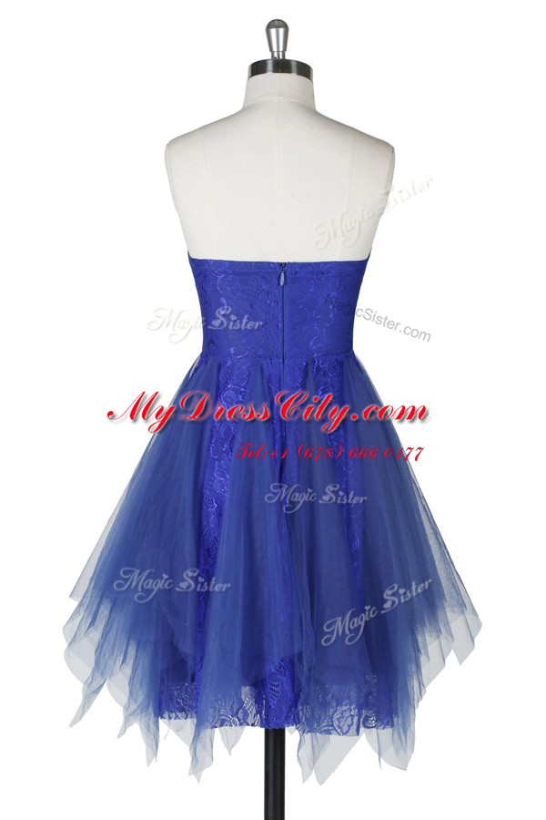 Customized Strapless Sleeveless Prom Dresses Knee Length Belt Royal Blue Tulle and Lace