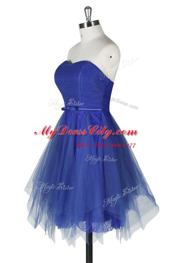 Customized Strapless Sleeveless Prom Dresses Knee Length Belt Royal Blue Tulle and Lace