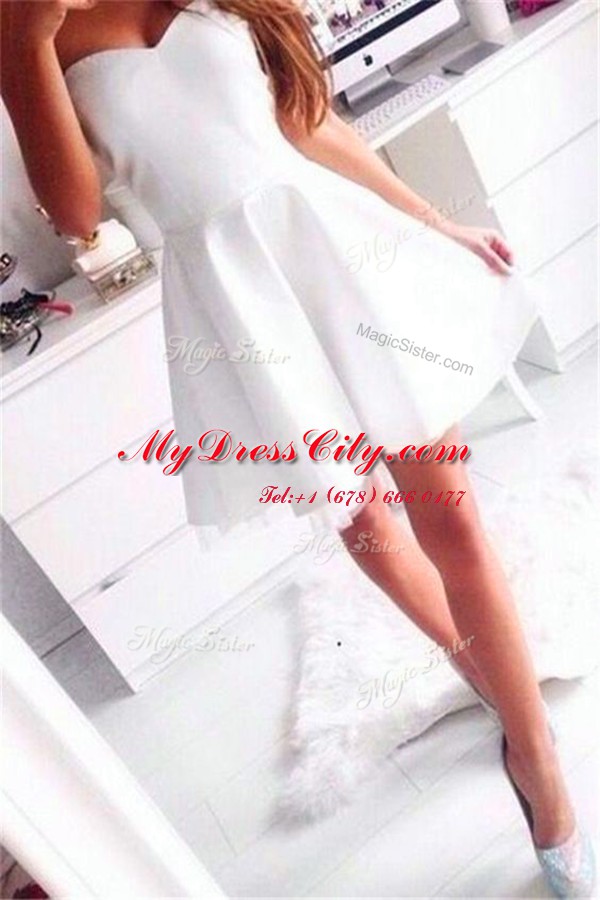 Glamorous White Satin Zipper Sweetheart Sleeveless Mini Length Prom Party Dress Ruching