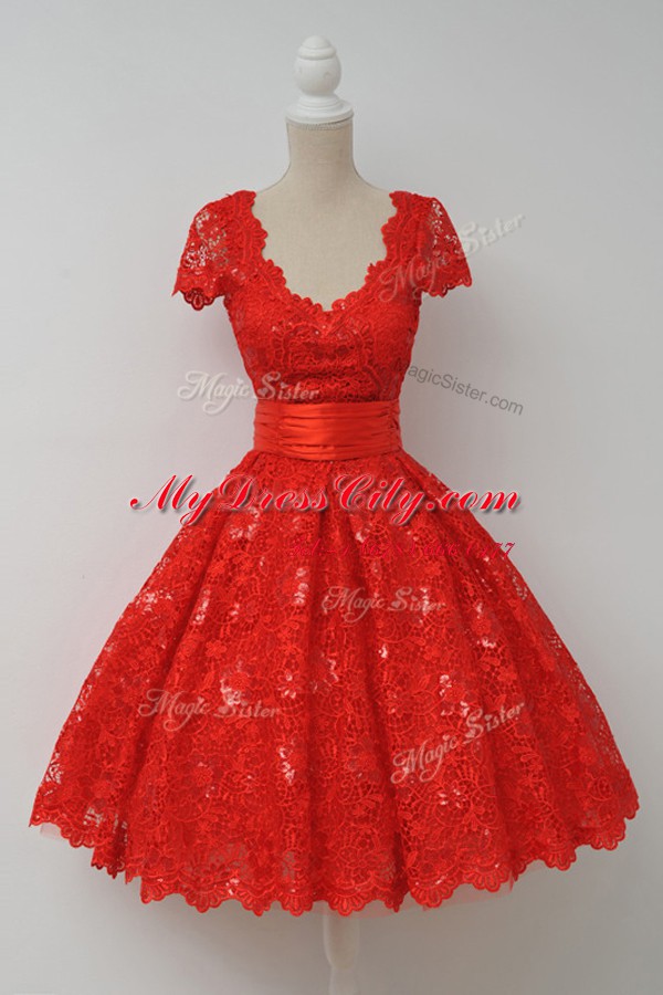 Best Scalloped Red Cap Sleeves Lace Zipper Dress for Prom for Prom and Party