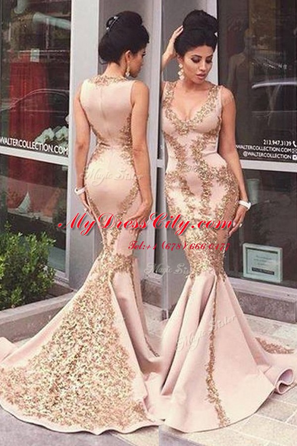 New Style Mermaid Elastic Woven Satin Scoop Sleeveless Sweep Train Zipper Beading and Appliques Evening Dresses in Pink