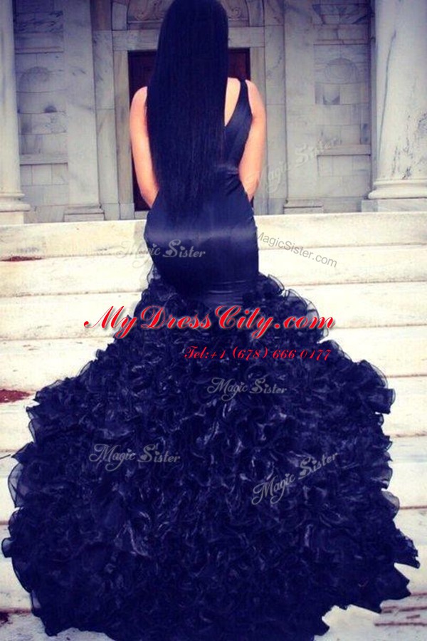 Mermaid Zipper Evening Wear Navy Blue for Prom and Party with Ruffles Sweep Train
