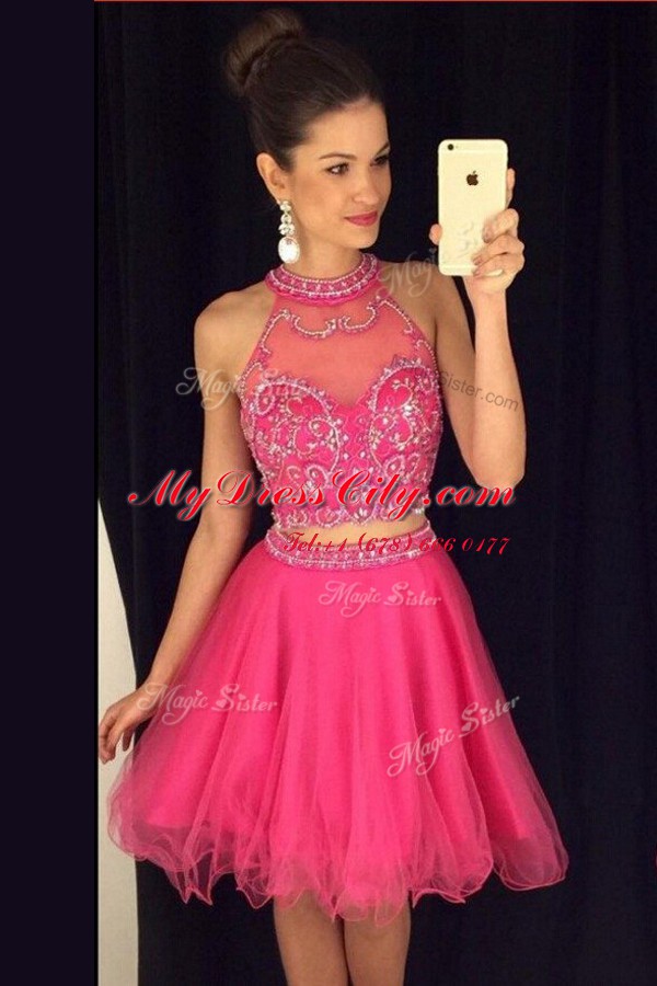 Pretty Scoop Sleeveless Prom Dresses Mini Length Beading Hot Pink Tulle