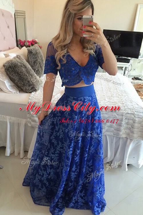 Royal Blue Short Sleeves Lace and Appliques Zipper Prom Evening Gown