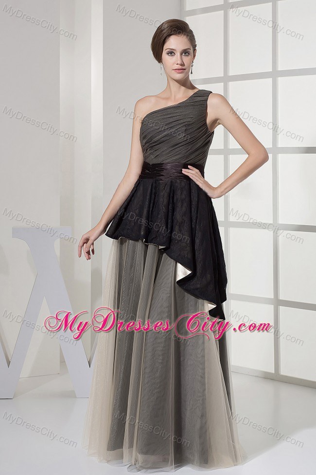 Ruching One Shoulder For Grey Prom Dress With Sash Floor-length