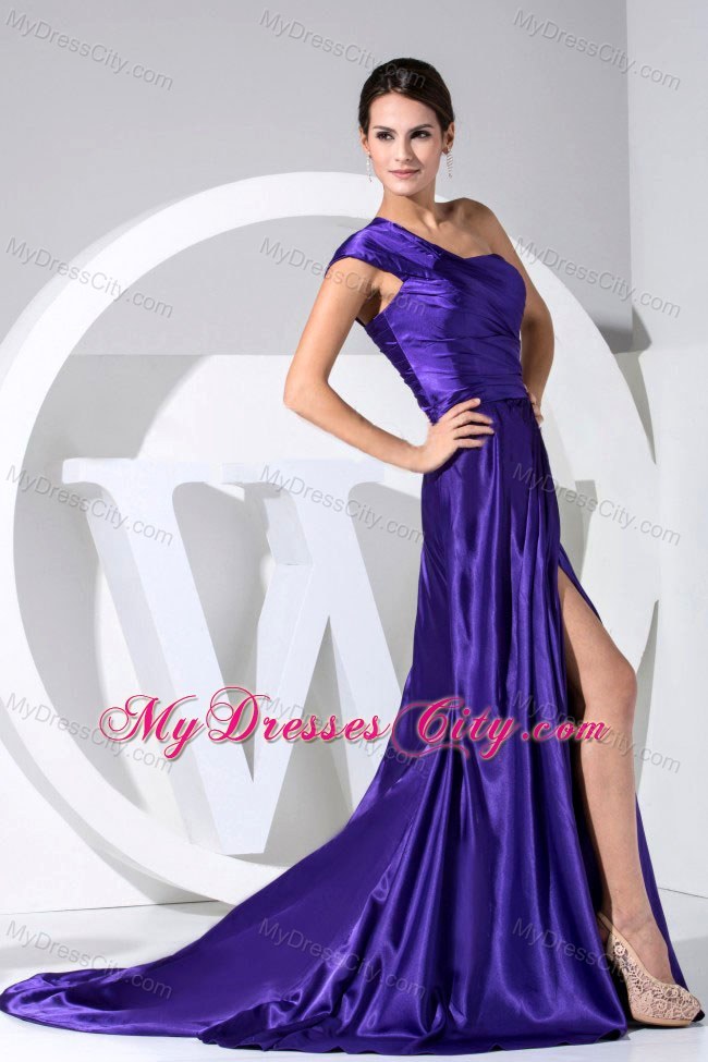 High Slit Purple Column One Shoulder Brush Train Prom Dress
