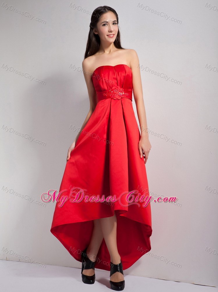 High-low Red A-line Strapless Satin Prom Dress with Appliques