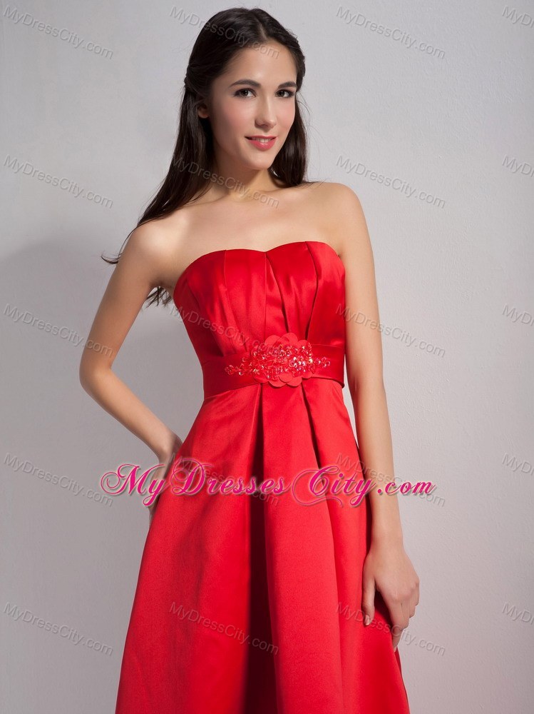 High-low Red A-line Strapless Satin Prom Dress with Appliques
