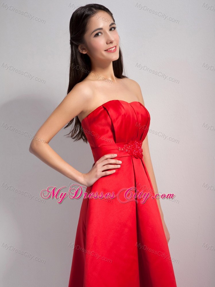 High-low Red A-line Strapless Satin Prom Dress with Appliques