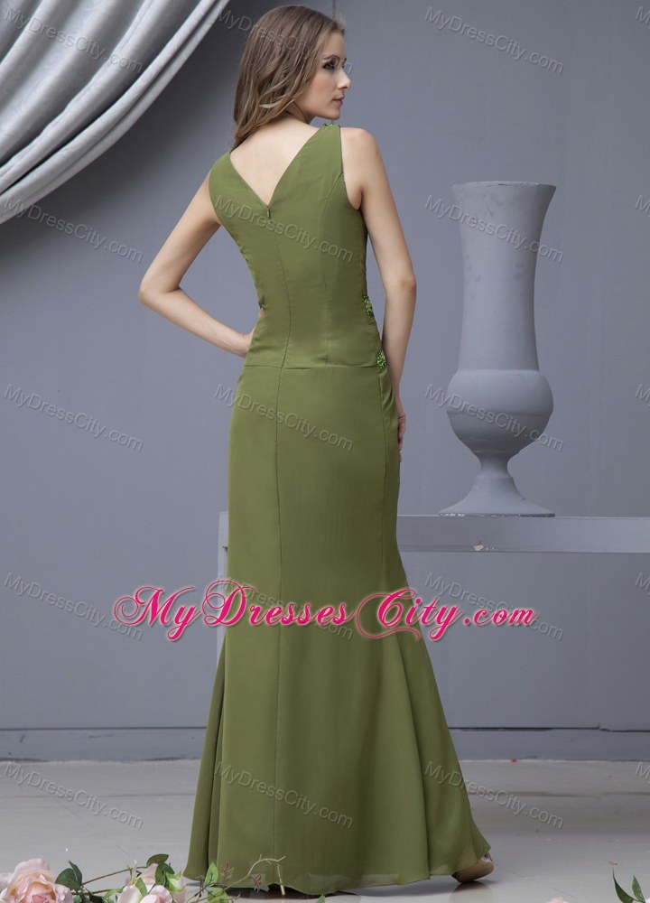 Beading V-neck High Slit Olive Green Chiffon Prom Dress Floor-length
