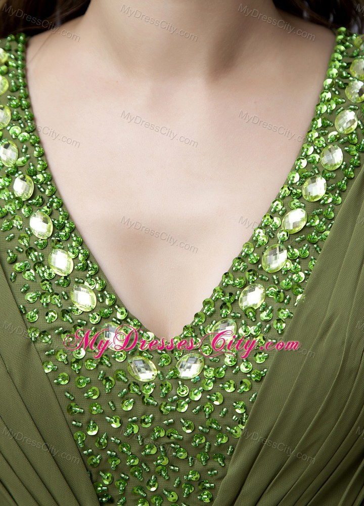 Beading V-neck High Slit Olive Green Chiffon Prom Dress Floor-length