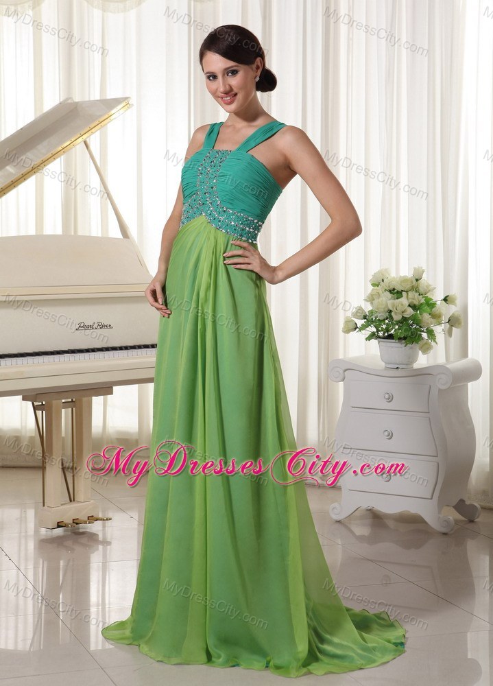 Straps Beading and Ruching Prom Dress in Teal and Spring Green