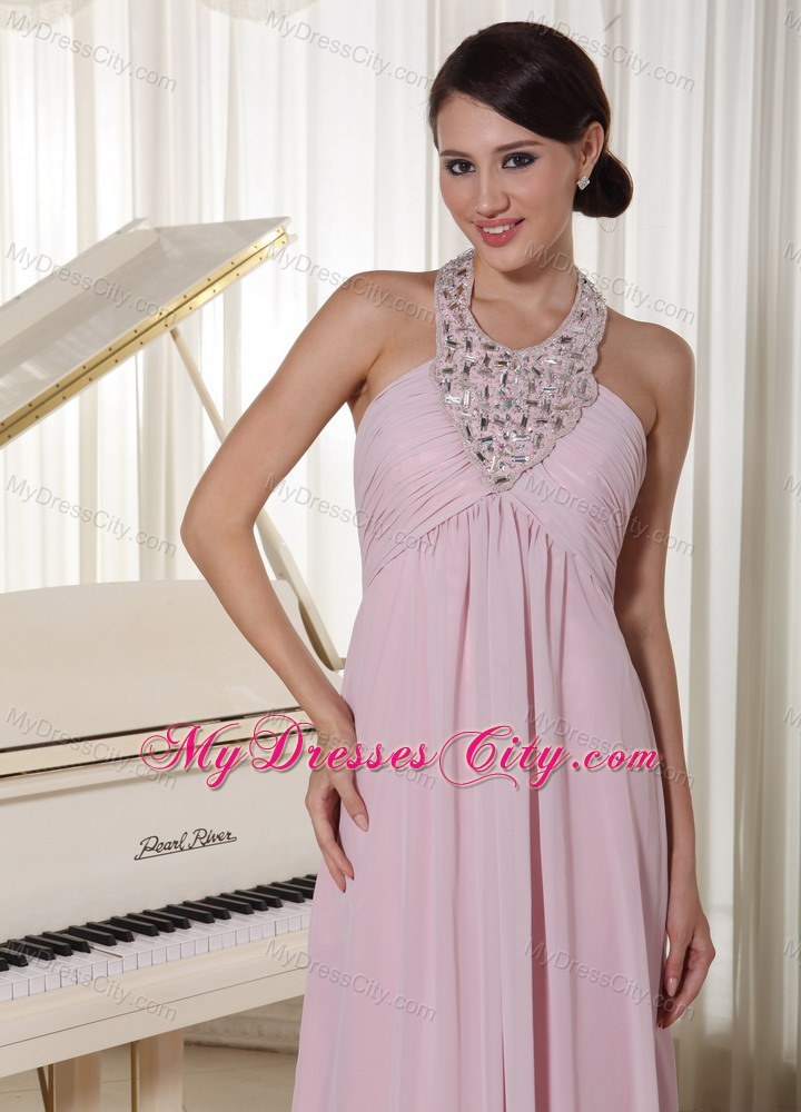 Baby Beaded Pink Halter Prom Dress With Brush Train