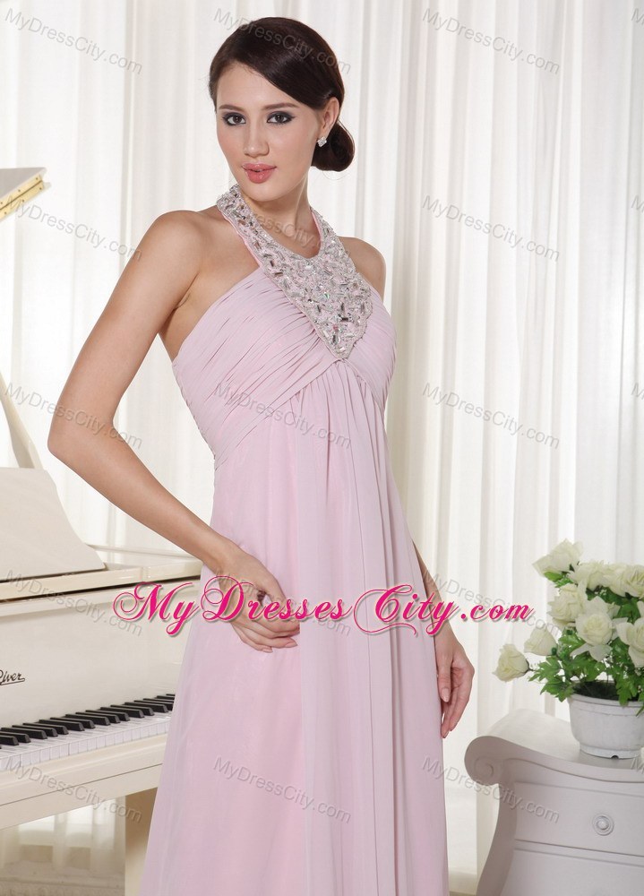 Baby Beaded Pink Halter Prom Dress With Brush Train