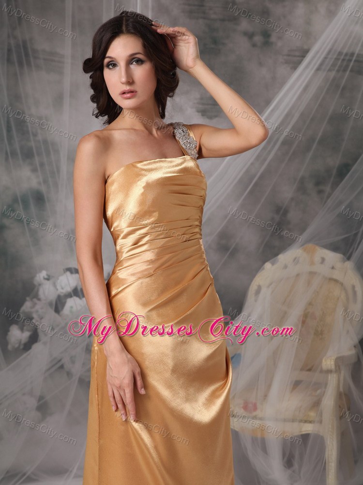 Elegant Gold One Shoulder Appliques Floor-length Dress for Prom