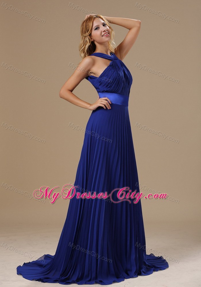Backless V-neck Brush Train Royal Blue Pleated Dress for Prom