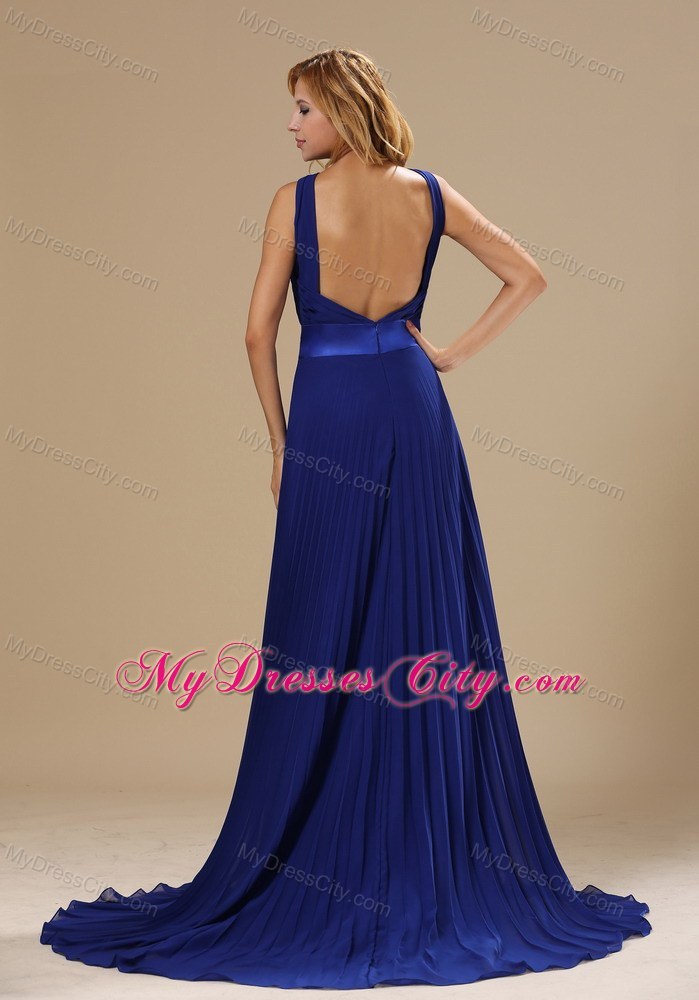 Backless V-neck Brush Train Royal Blue Pleated Dress for Prom