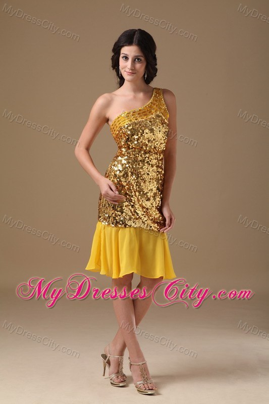 Sparkling Gold One Shoulder Kneelength Sequined Dress for Prom