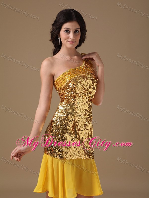Sparkling Gold One Shoulder Kneelength Sequined Dress for Prom