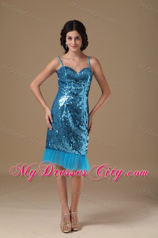 Twinkling Teal Column Straps Knee-length Sequined Prom Dress