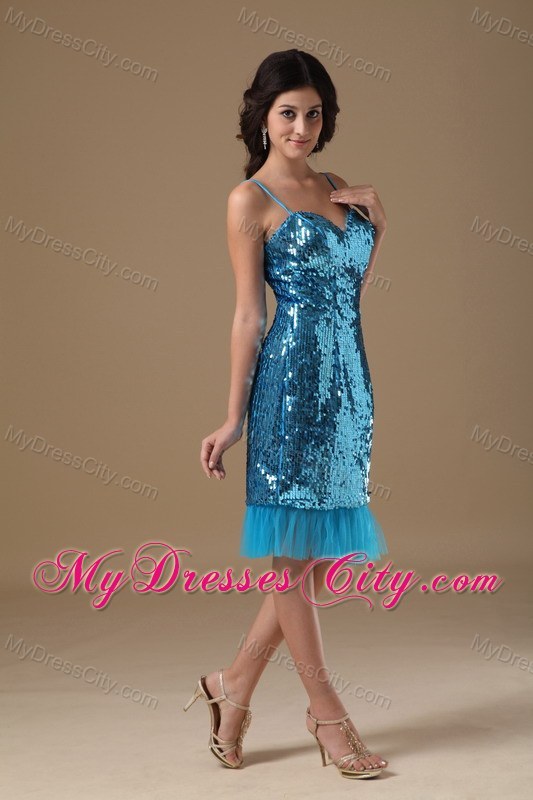 Twinkling Teal Column Straps Knee-length Sequined Prom Dress