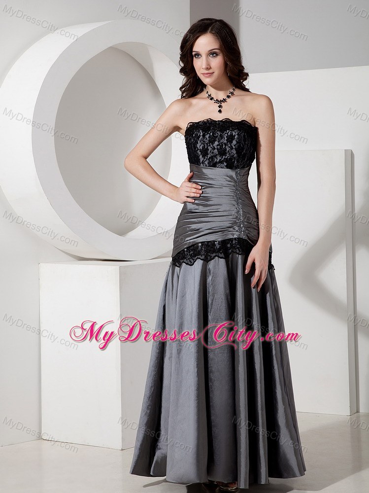 Lace Strapless Ruching Grey Taffeta Cool Back Prom Dress
