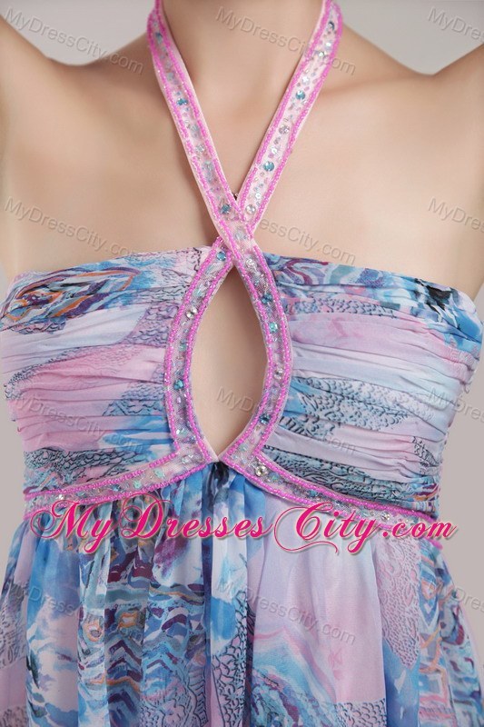 Mini-length Halter Beading Print Fabric Prom Dress with Cut Outs
