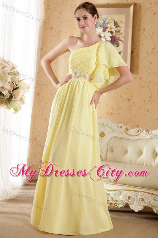 Yellow One Sleeves Beading Ruche Court Train Chiffon Prom Dress