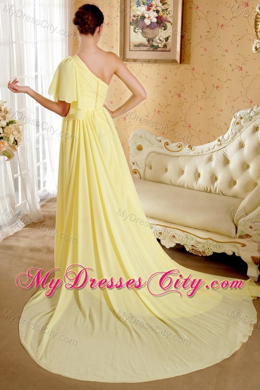 Yellow One Sleeves Beading Ruche Court Train Chiffon Prom Dress