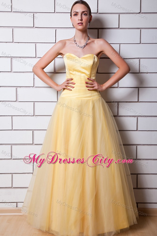 Gold Sweetheart Ruching Cool Back Prom Dress Made by Tulle