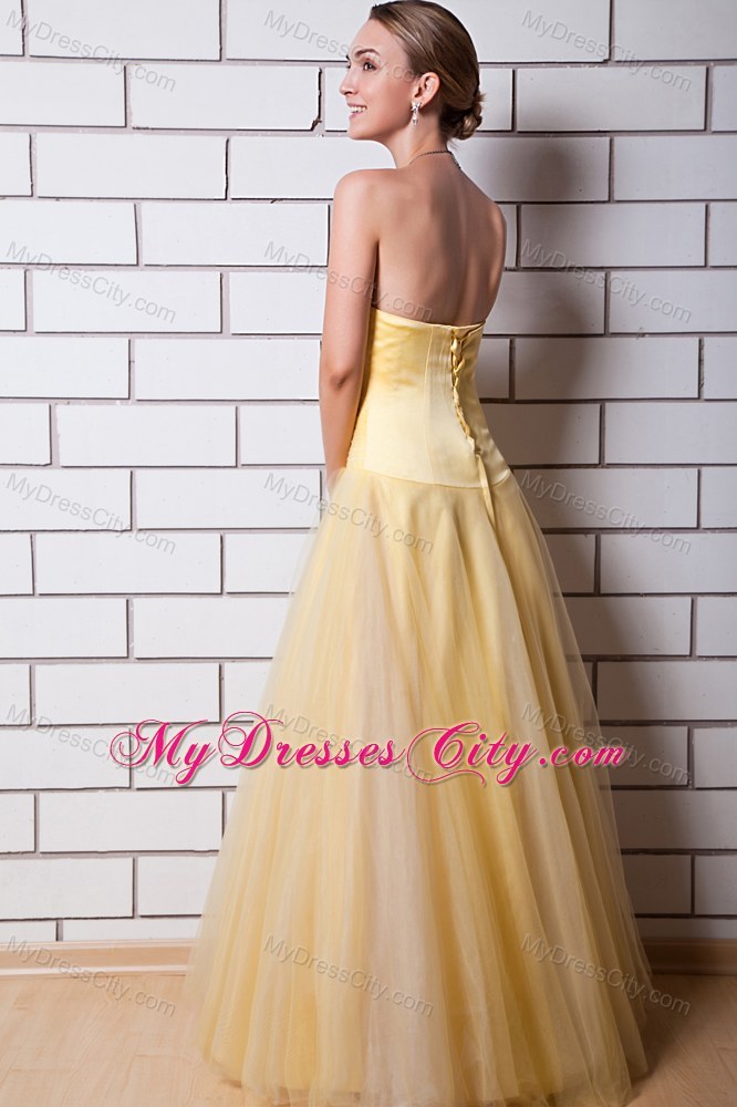 Gold Sweetheart Ruching Cool Back Prom Dress Made by Tulle