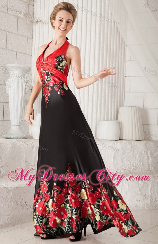 Halter Top Printing Beading Brush Train Coloful Prom Dress for Girls