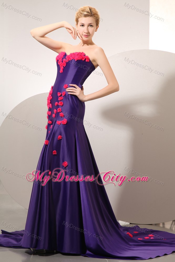 Purple Sweetheart Prom Dress with Chapel Train and Handmade Flowers