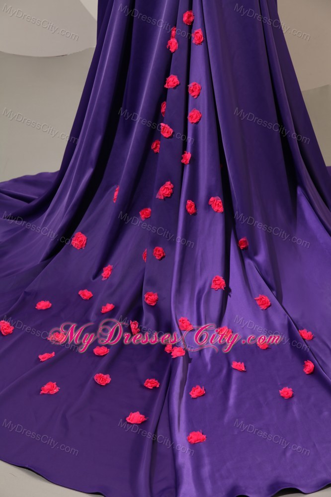 Purple Sweetheart Prom Dress with Chapel Train and Handmade Flowers