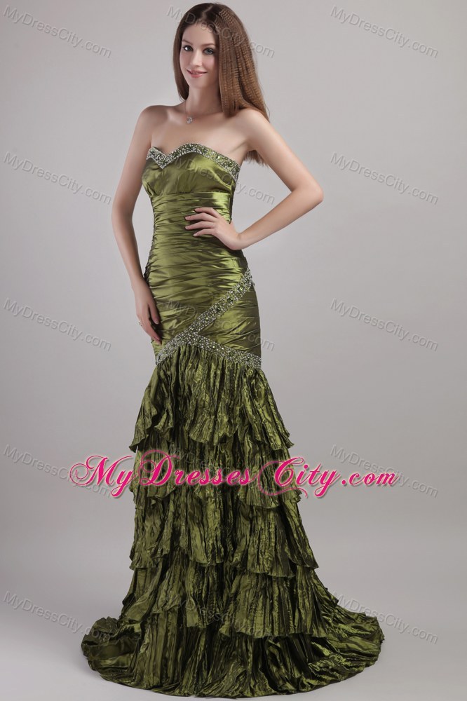 Sweetheart Beading and Ruche Brush Train Ruffled Prom Dress