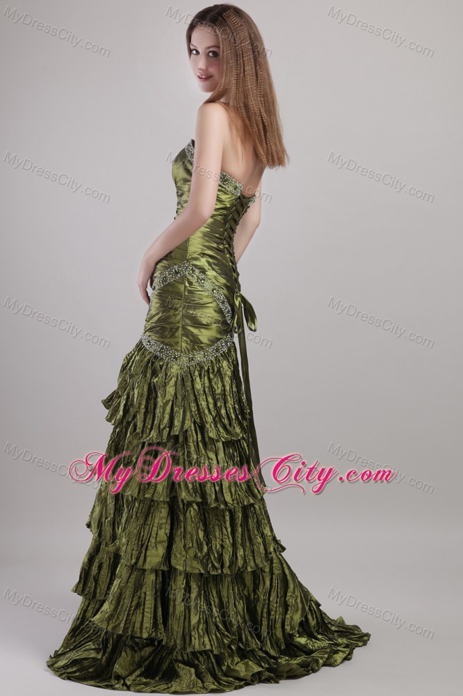 Sweetheart Beading and Ruche Brush Train Ruffled Prom Dress
