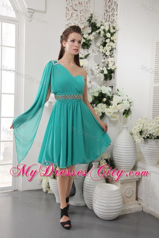 Turquoise Short Chiffon Prom Dress with One Shoulder and Beading