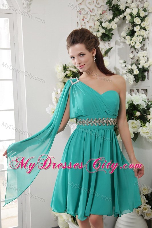 Turquoise Short Chiffon Prom Dress with One Shoulder and Beading