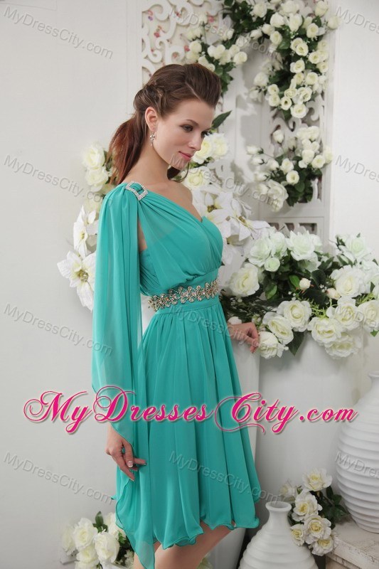 Turquoise Short Chiffon Prom Dress with One Shoulder and Beading
