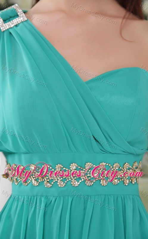 Turquoise Short Chiffon Prom Dress with One Shoulder and Beading