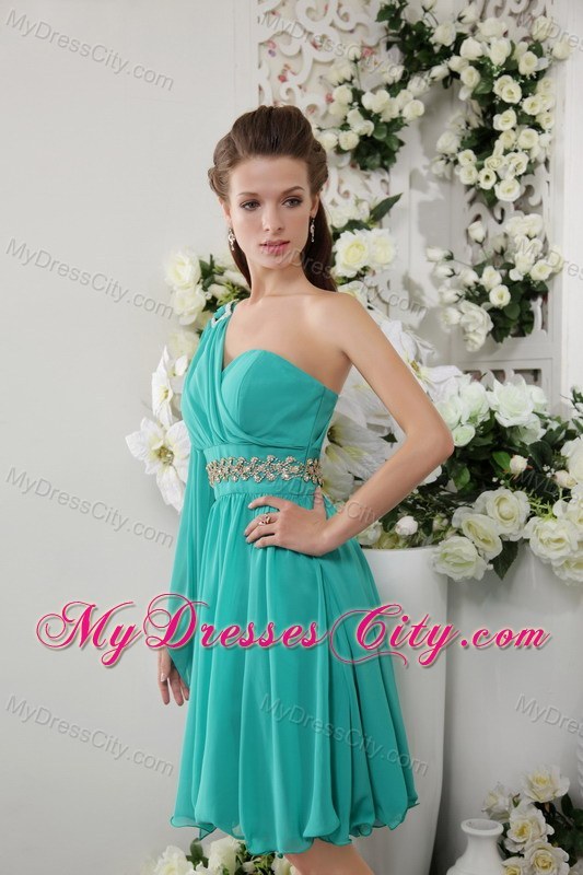 Turquoise Short Chiffon Prom Dress with One Shoulder and Beading
