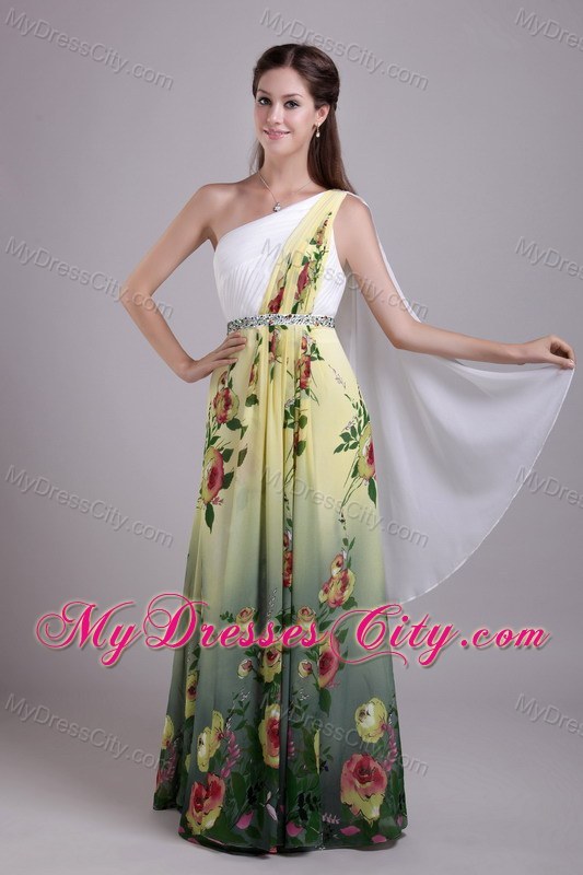 Print Fabric Beading One Shoulder Watteau Train Prom Dress