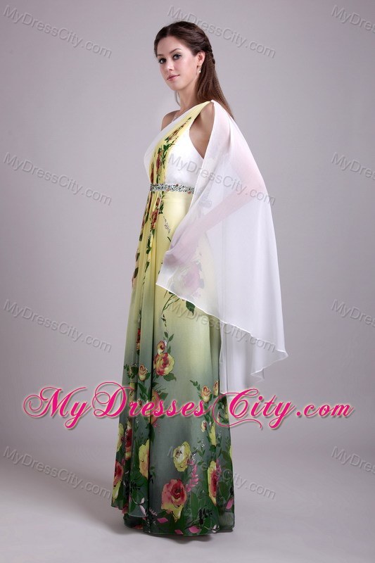 Print Fabric Beading One Shoulder Watteau Train Prom Dress