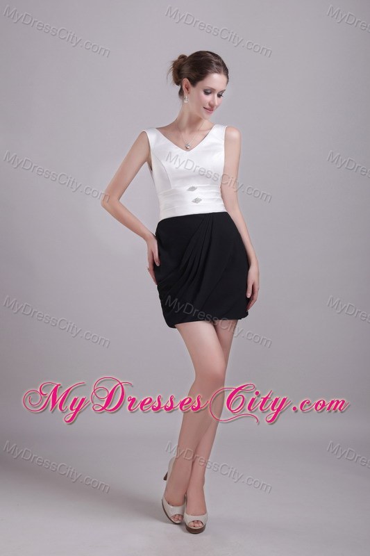 White and Black V-neck Mini-length Beading Prom Dress for Women