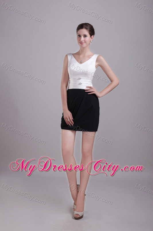 White and Black V-neck Mini-length Beading Prom Dress for Women