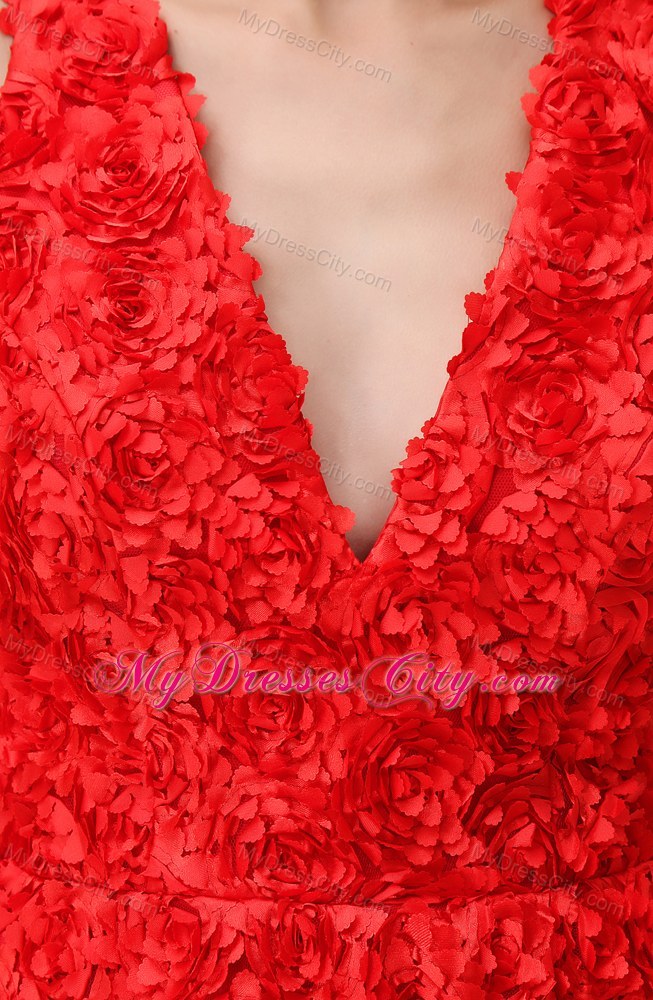 Special Embossed Fabric Back Out Prom Dress Has V Neck