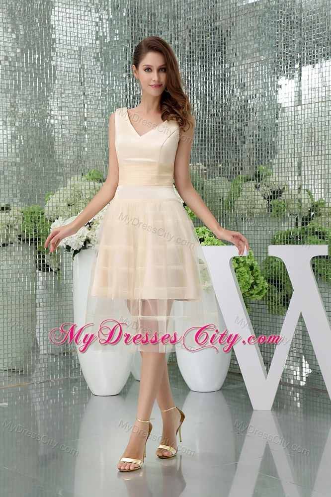 V-neck Ruched Waist Zipper up Back Tulle Short Prom Dress