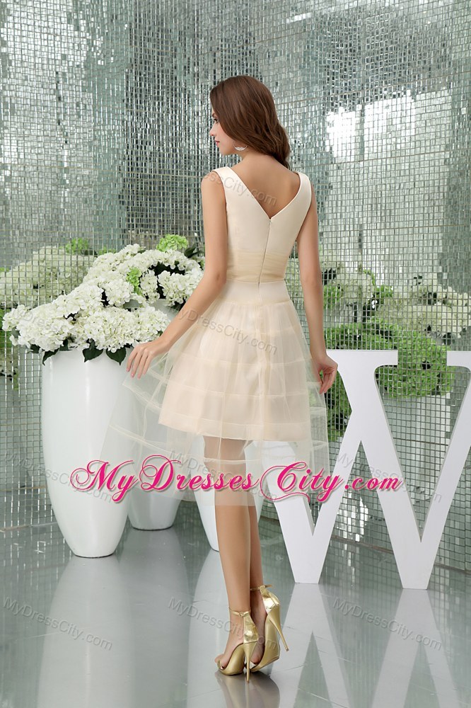 V-neck Ruched Waist Zipper up Back Tulle Short Prom Dress