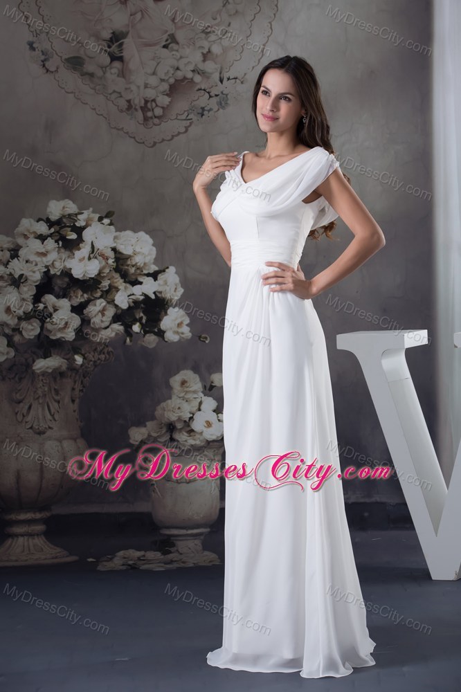 Simple White Ruching V-neck Zipper up Back Chiffon Prom Dress