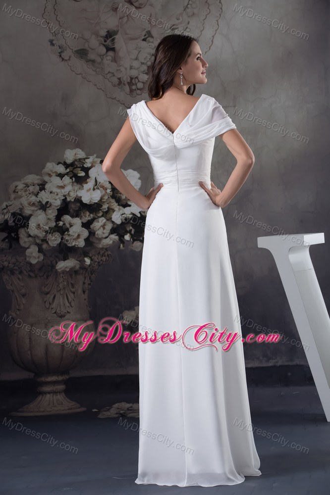 Simple White Ruching V-neck Zipper up Back Chiffon Prom Dress